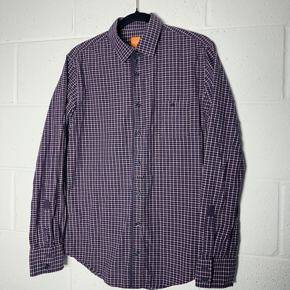 Hugo Boss Orange Label Mens Slim Fit Check Button Down Shirt Purple Navy Medium - Picture 2 of 4